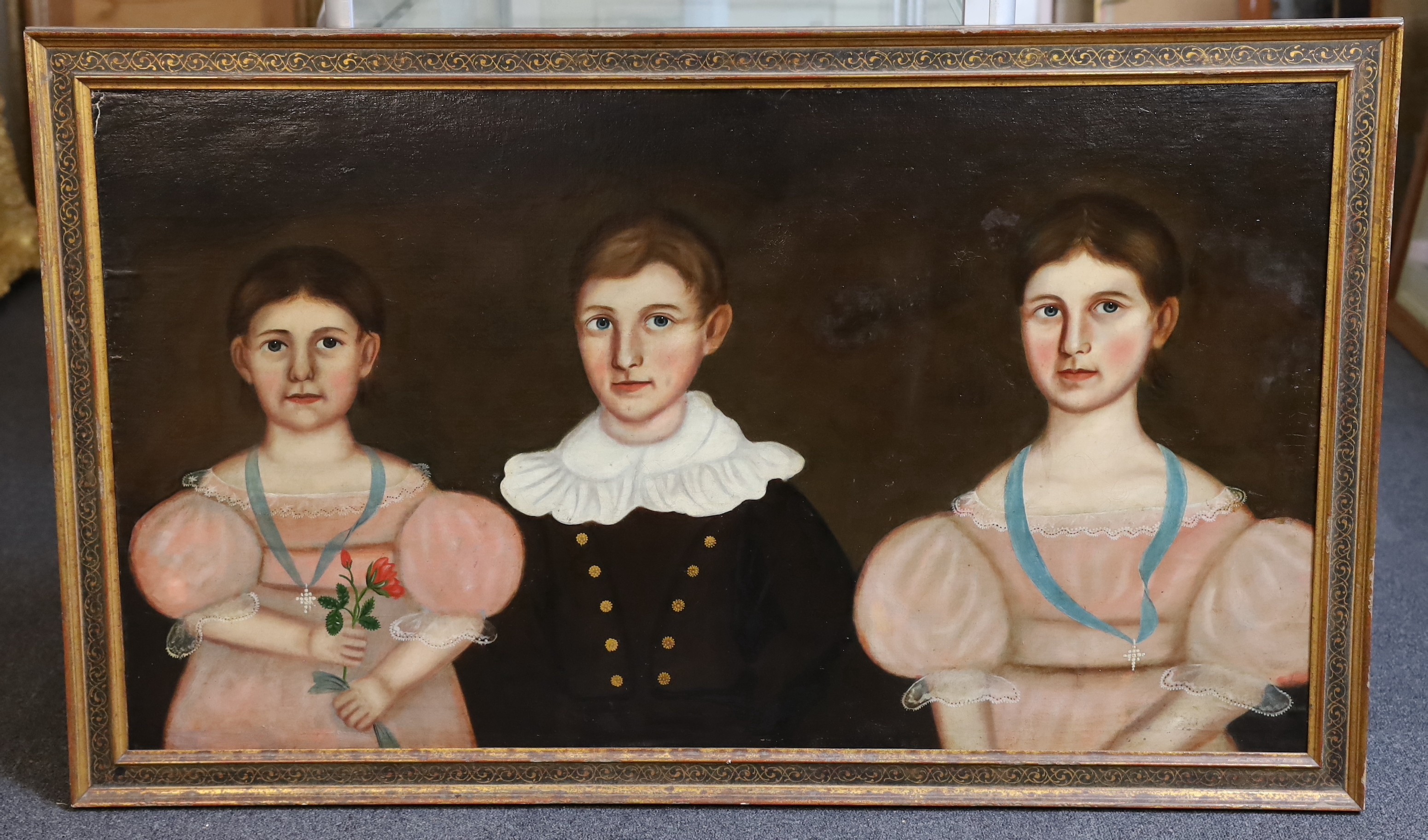 American Primitive School Portrait of three children of the Burgess familyoil on canvas laid on - Bild 2 aus 3