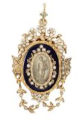 A Regency parcel gilt silver seed pearl and enamel set oval pendant, with inset ivory panel of a