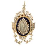 A Regency parcel gilt silver seed pearl and enamel set oval pendant, with inset ivory panel of a