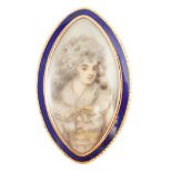 A Regency gold and enamel mounted miniature inset mourning brooch, of navette shape, the panel