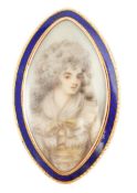 A Regency gold and enamel mounted miniature inset mourning brooch, of navette shape, the panel