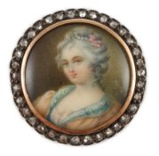 An Edwardian diamond set circular gold brooch with inset miniature portrait bust of a lady, 29mm