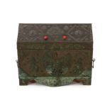 A Tibetan copper repousse-work casket, 20th century, the arched cover and side panels decorated with