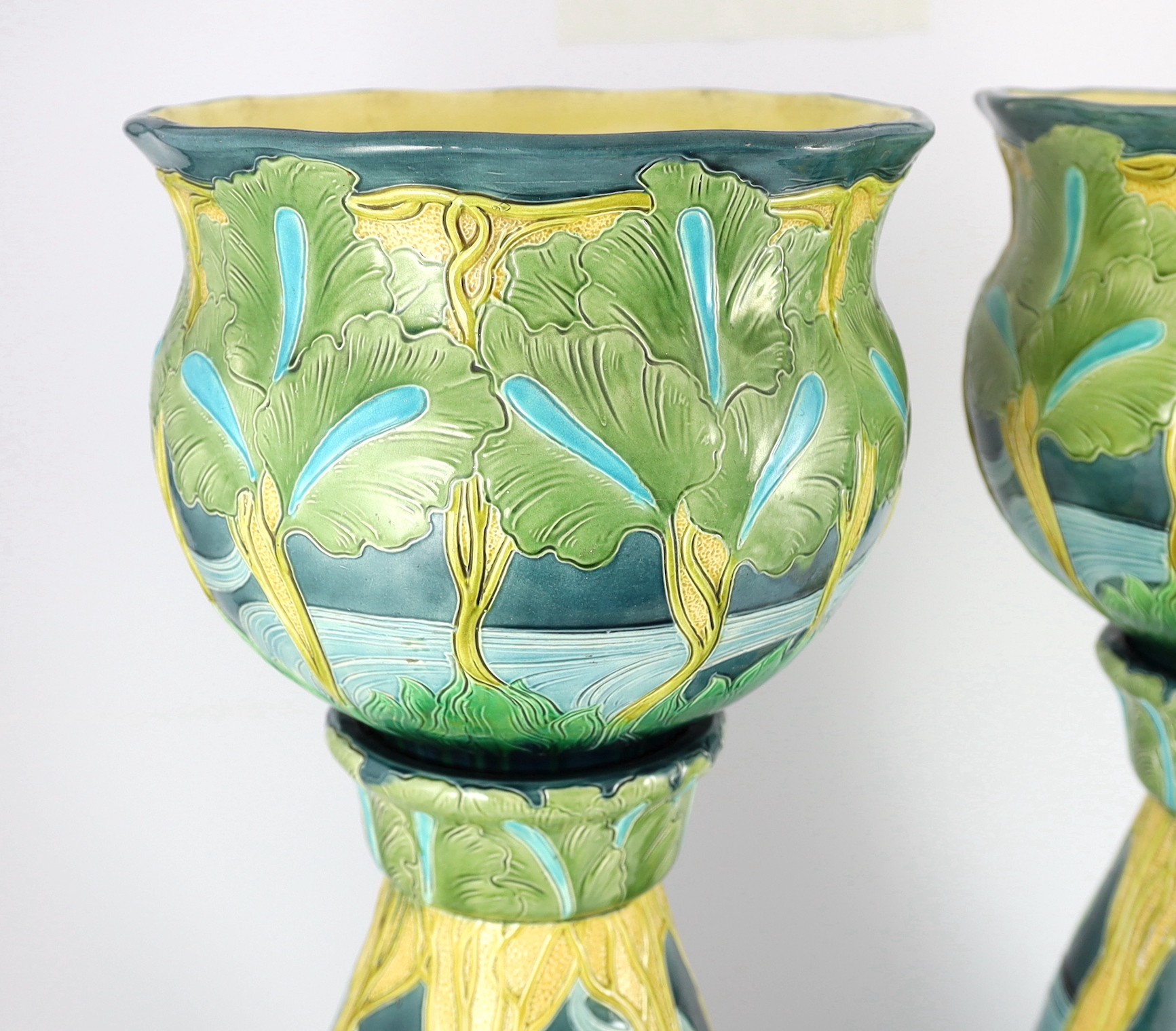 A pair of Burmantofts Art Nouveau faience jardinieres on matching pedestals, c.1900, impressed marks - Image 13 of 14