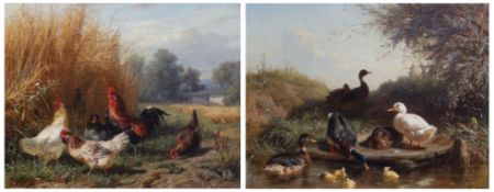 Carl Jutz (German, 1838-1916) Chickens in a field & Ducks beside a streampair of oils on