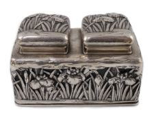 A Japanese silver double inkwell by Arthur Bond, Yokohama, c.1900, embossed and pierced with irises,
