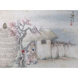 A Chinese scroll painting on paper of a sage and a boy in a hut, early 20th century, inscribed and