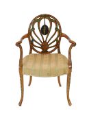 A late Victorian Sheraton revival painted satinwood elbow chair, with anthemion and cameo back and