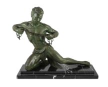 Jean De Roncourt. A French Art Deco bronze 'Hercule brisant ses chaînes', on stepped marble