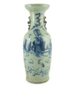 A large Chinese blue and white celadon ground vase, 19th century, painted with the three star