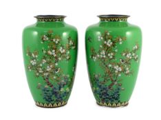 A pair of Japanese cloisonné enamel vases, early 20th century, each decorated with birds amid