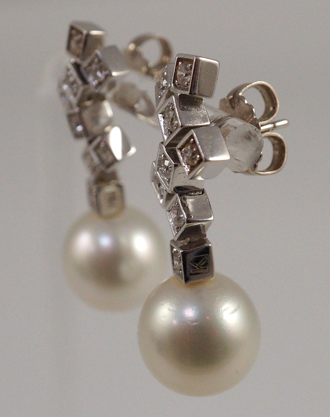 A modern pair of 18ct white gold, single stone South Sea pearl and eight stone diamond cluster set - Image 3 of 5