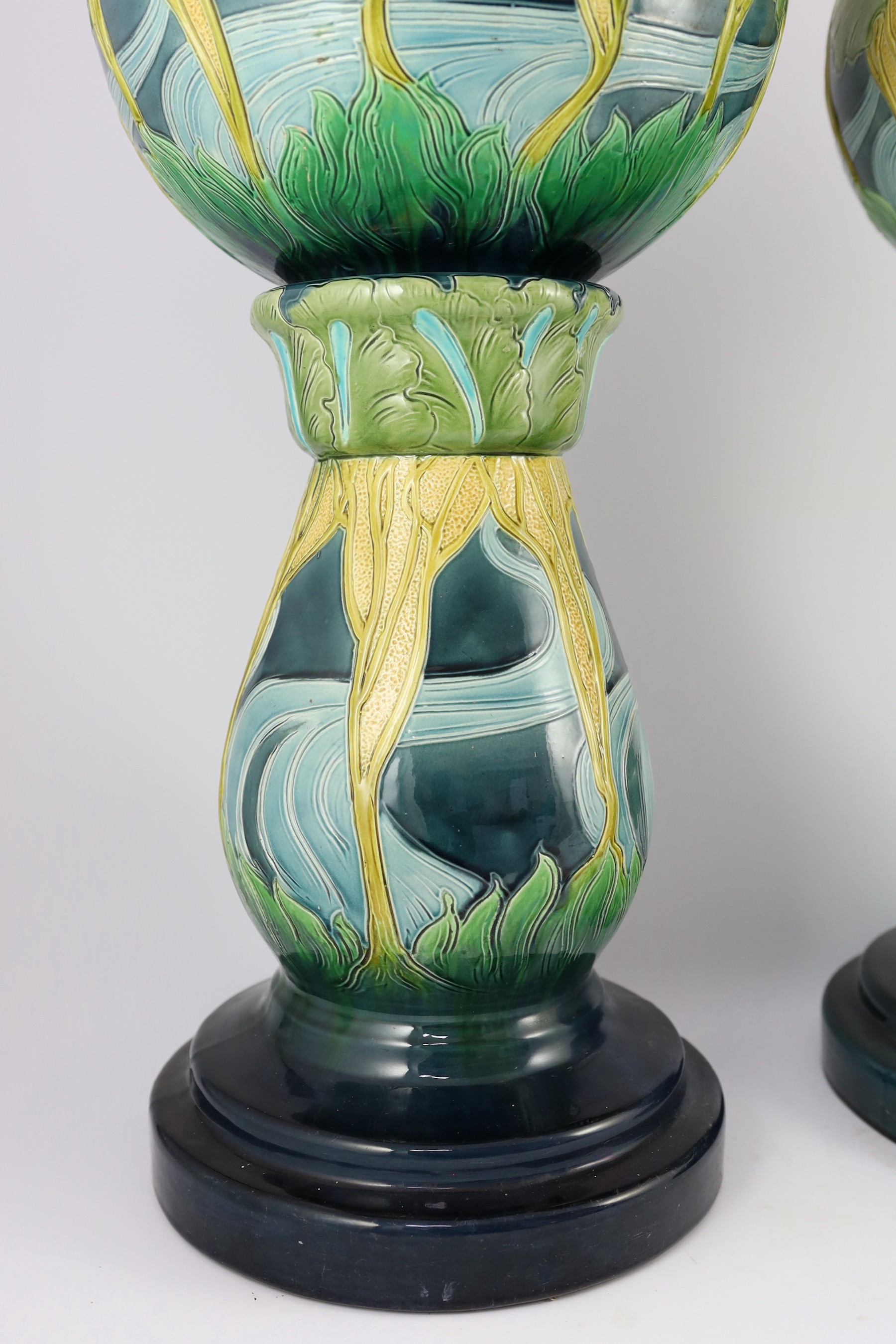 A pair of Burmantofts Art Nouveau faience jardinieres on matching pedestals, c.1900, impressed marks - Image 4 of 14