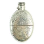 A late Victorian silver oval hip flask, with Royal presentation inscription 'From H.R.H. the