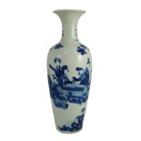 A tall Chinese blue and white ladies vase, laifu zun, 19th century, painted with ladies in a
