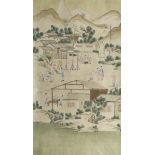 A Chinese painted wallpaper panel, c.1800, depicting figures in a pastoral landscape with people