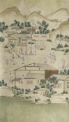 A Chinese painted wallpaper panel, c.1800, depicting figures in a pastoral landscape with people