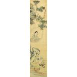 A Chinese scroll painting on silk of a mother watching her children play in a garden, 19th