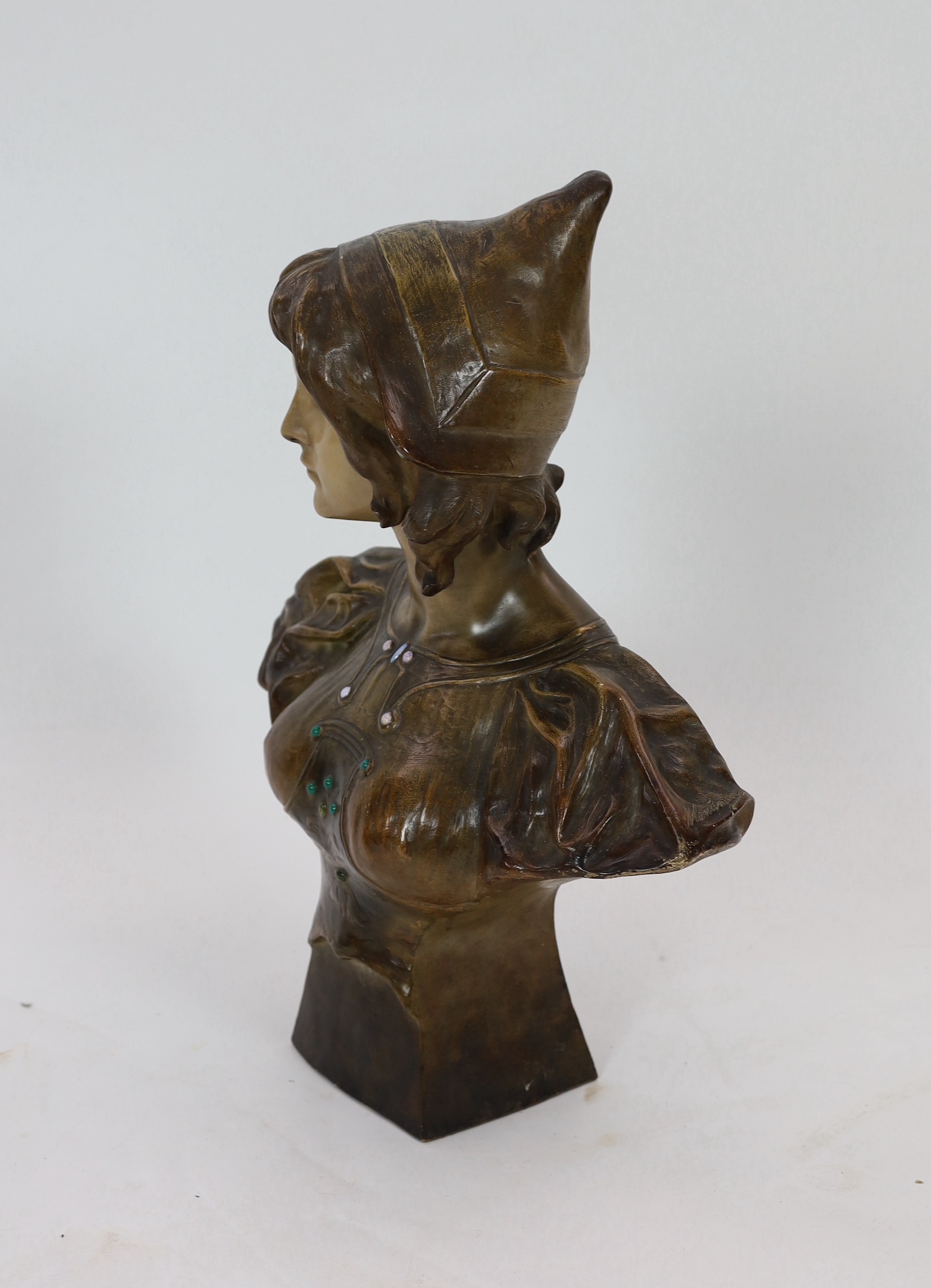 An Art Nouveau Goldscheider cold-painted terracotta bust of Cleo De Merod, signed Montenave, applied - Image 2 of 4
