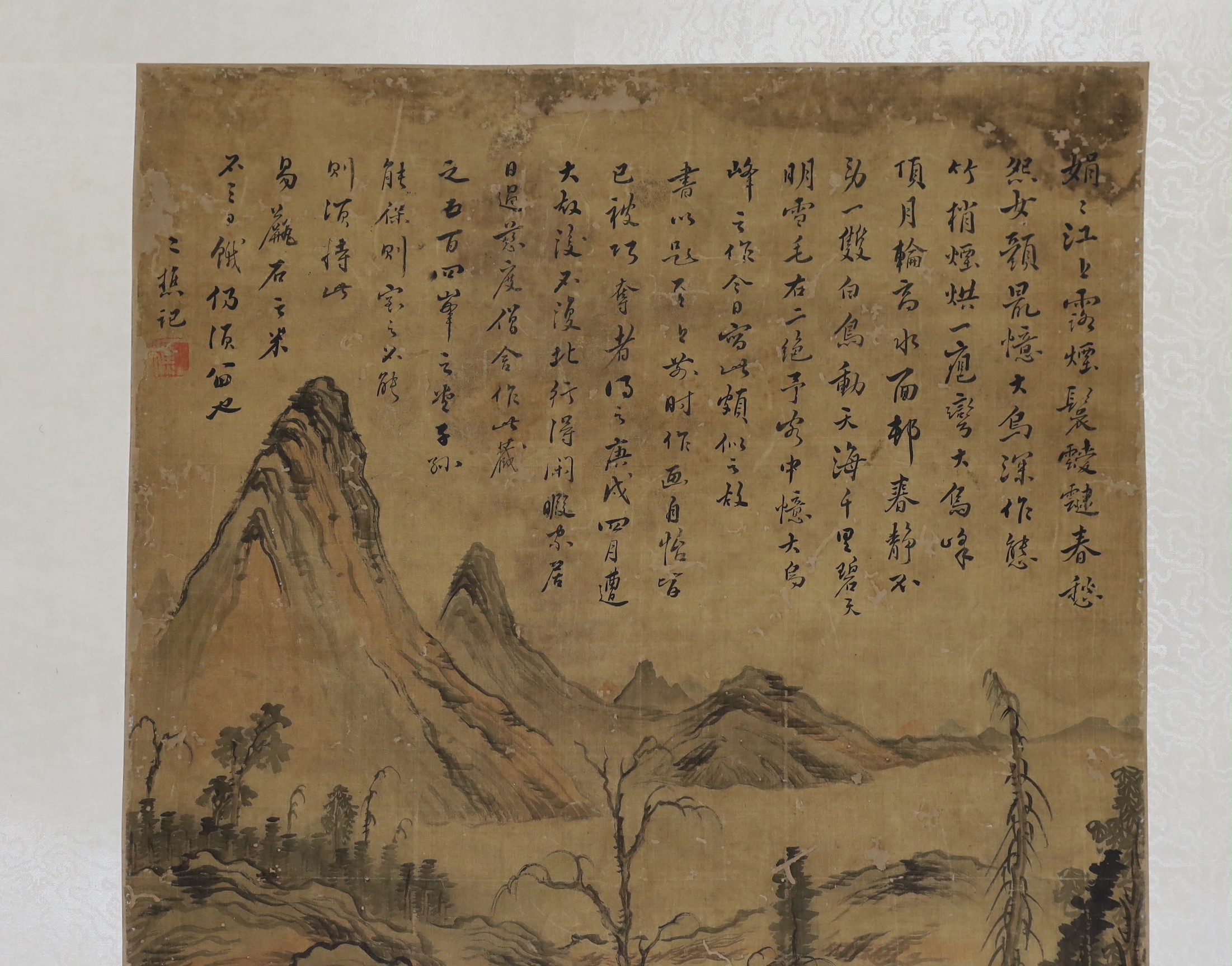 A Chinese scroll painting on silk of a sage in a mountainous river landscape, 18th/19th century, - Image 6 of 6