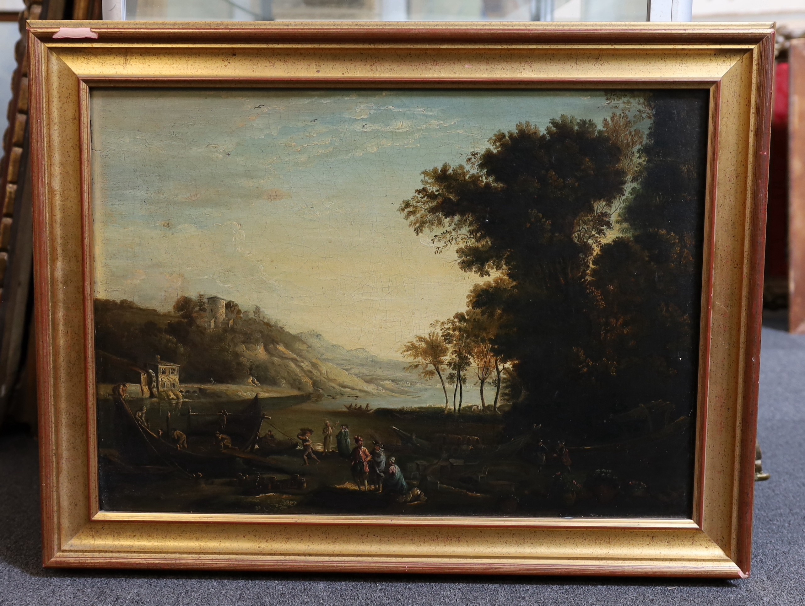 Late 18th century English School Italianate landscape with figures loading barrels into a boatoil on - Image 2 of 3