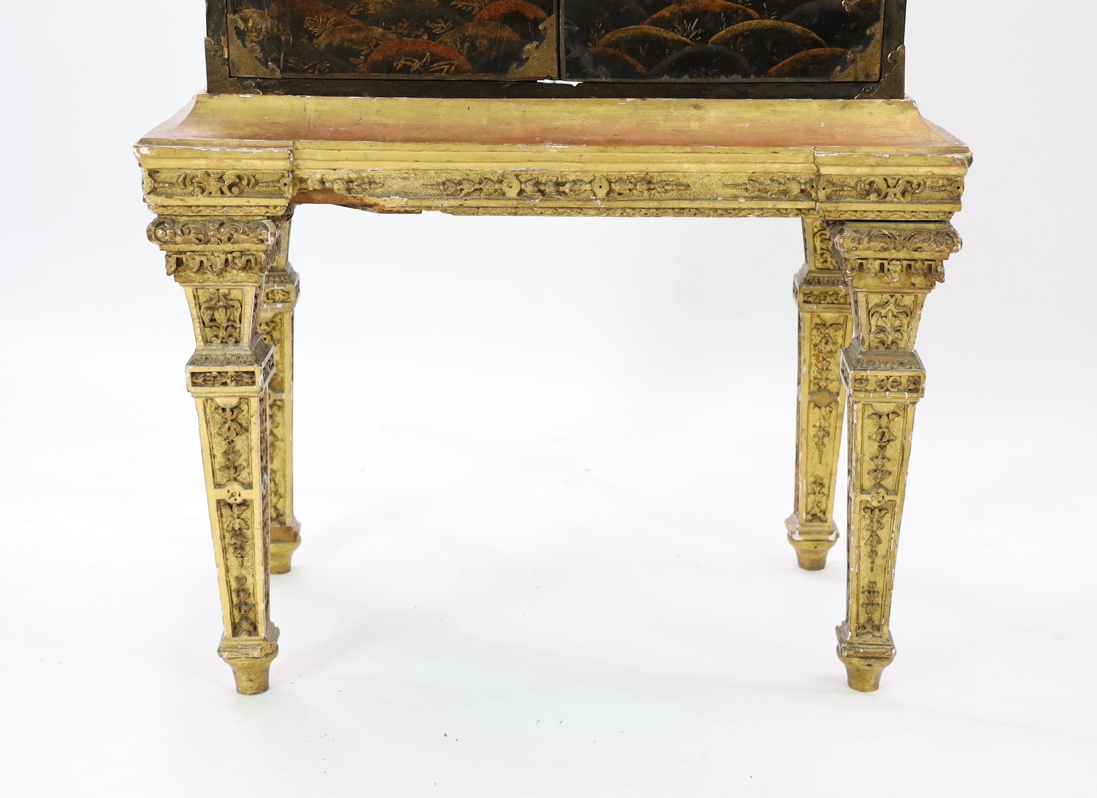 A William & Mary black japanned cabinet on stand, the two door cabinet with original gilt brass - Image 3 of 8