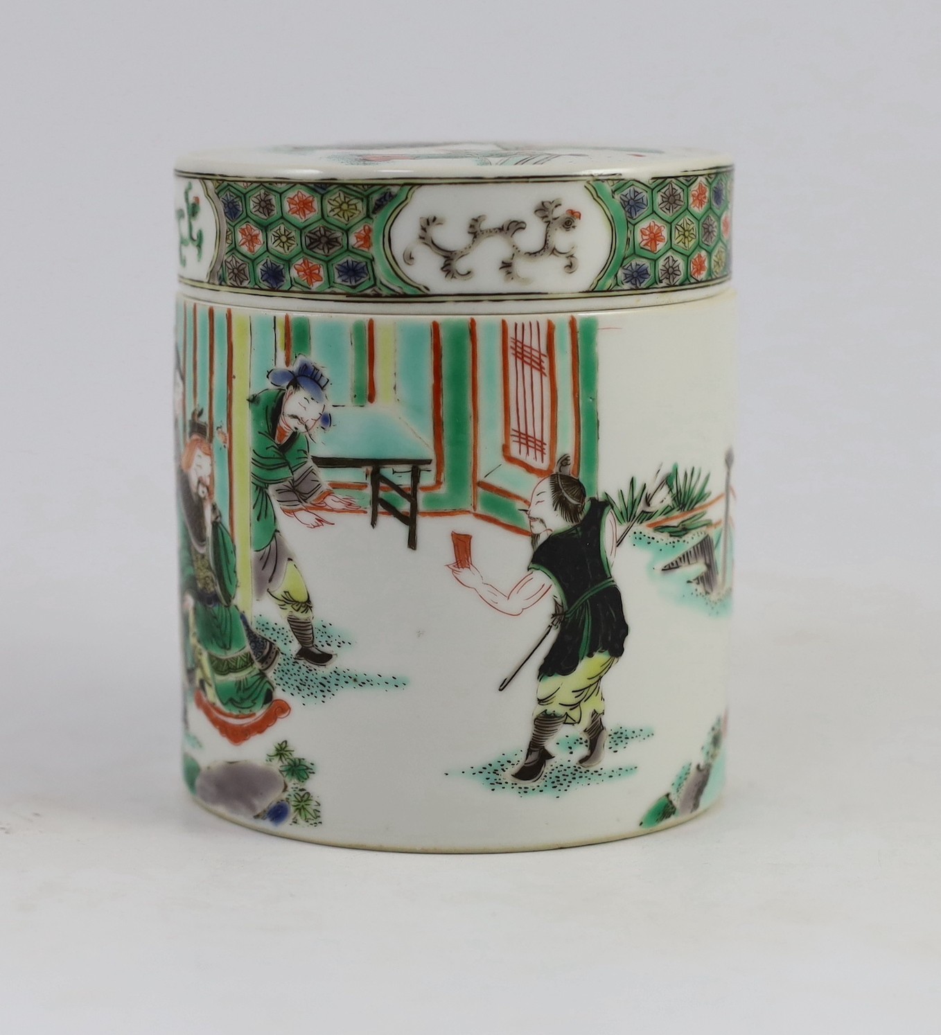 A Chinese famille verte cylindrical jar and cover, 19th century, painted with an emperor and - Image 2 of 6