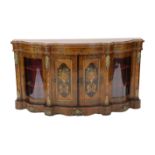 A Victorian marquetry inlaid walnut serpentine front credenza, the two central doors inlaid with