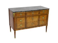 A Louis XVI ormolu mounted kingwood commode, with later variegated grey marble top over three