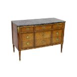 A Louis XVI ormolu mounted kingwood commode, with later variegated grey marble top over three