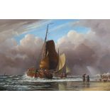 Edward William Cooke (1811-1880) 'Dutch pinks unloading their catch off Egmond aan Zee'oil on
