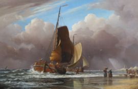 Edward William Cooke (1811-1880) 'Dutch pinks unloading their catch off Egmond aan Zee'oil on