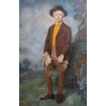 James Sinton Sleator RHA (1889-1950) Full length portrait of a youth wearing riding clothesoil on