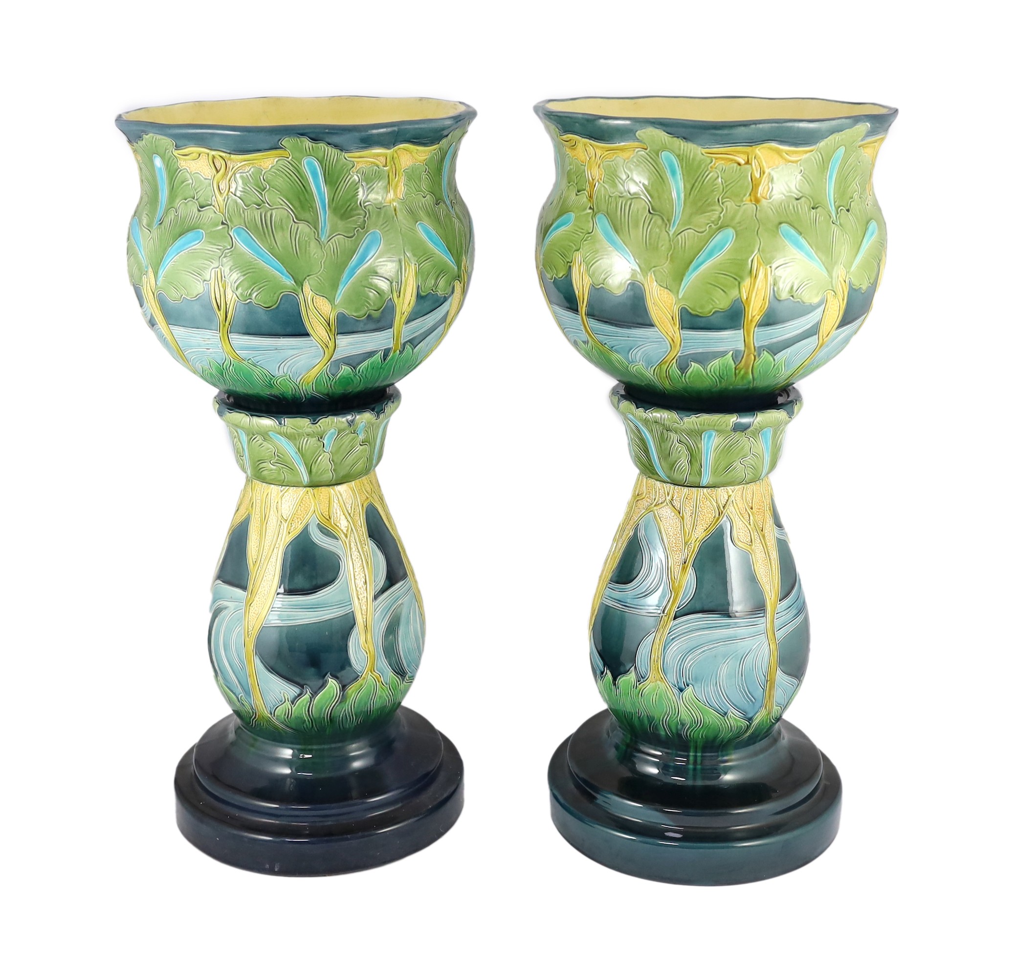 A pair of Burmantofts Art Nouveau faience jardinieres on matching pedestals, c.1900, impressed marks - Image 12 of 14