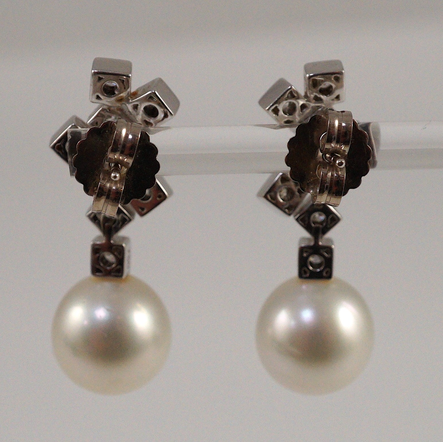 A modern pair of 18ct white gold, single stone South Sea pearl and eight stone diamond cluster set - Image 5 of 5