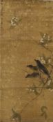 A Chinese scroll painting on silk of blackbirds perched on a blossoming branch, 19th century,