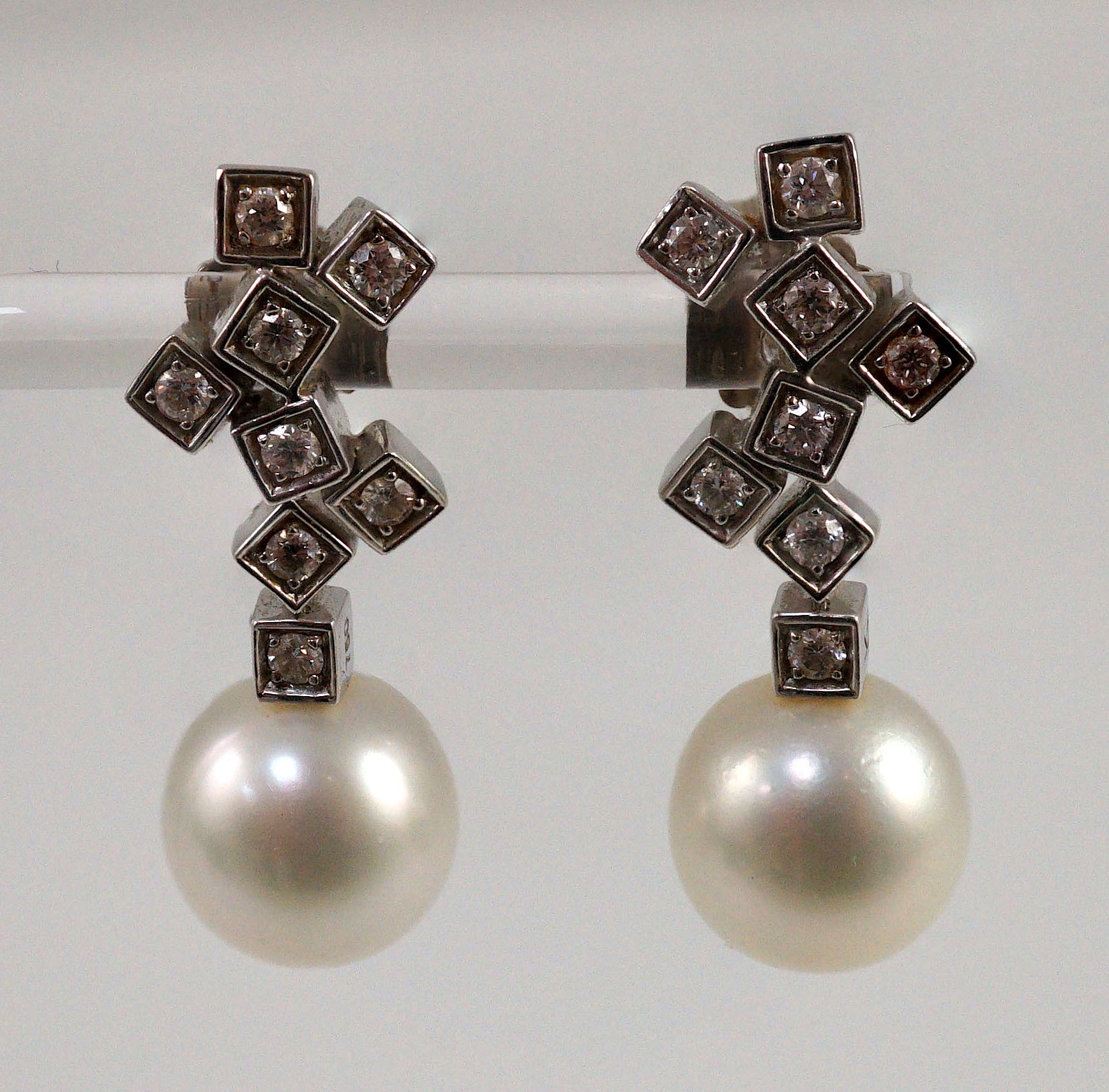 A modern pair of 18ct white gold, single stone South Sea pearl and eight stone diamond cluster set - Image 2 of 5