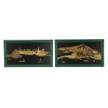 A pair of Chinese soapstone overlaid landscape panels, early 20th century, each decorated with