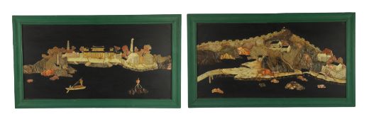 A pair of Chinese soapstone overlaid landscape panels, early 20th century, each decorated with