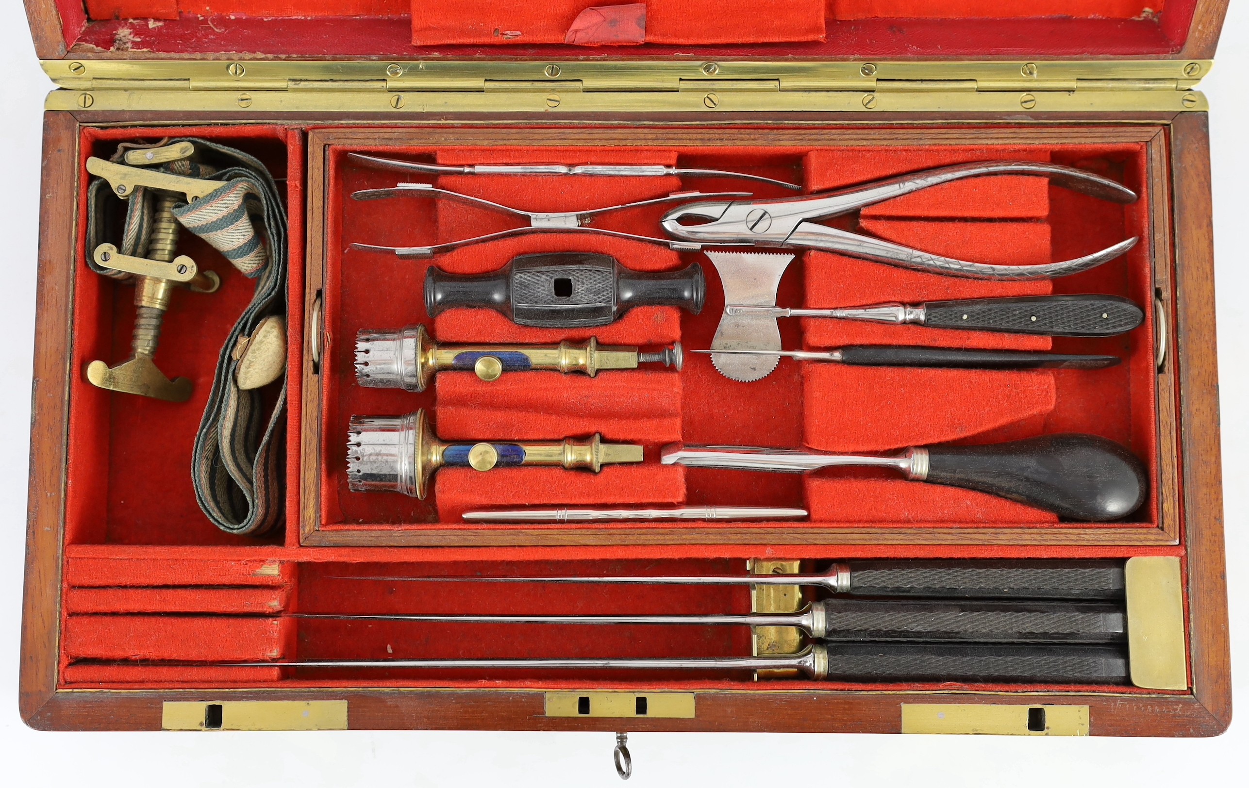 A Victorian mahogany cased field surgeon's set by Salt & Son of Bull Lane, London, the brass bound - Image 2 of 6