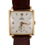 A gentleman's 18ct gold Rolex precision square dial manual wind wrist watch, with subsidiary