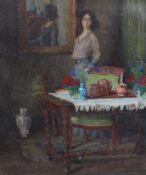 Frank Spenlove Spenlove (1868-1933) Interior with woman standing beside a tea tableoil on canvas54 x