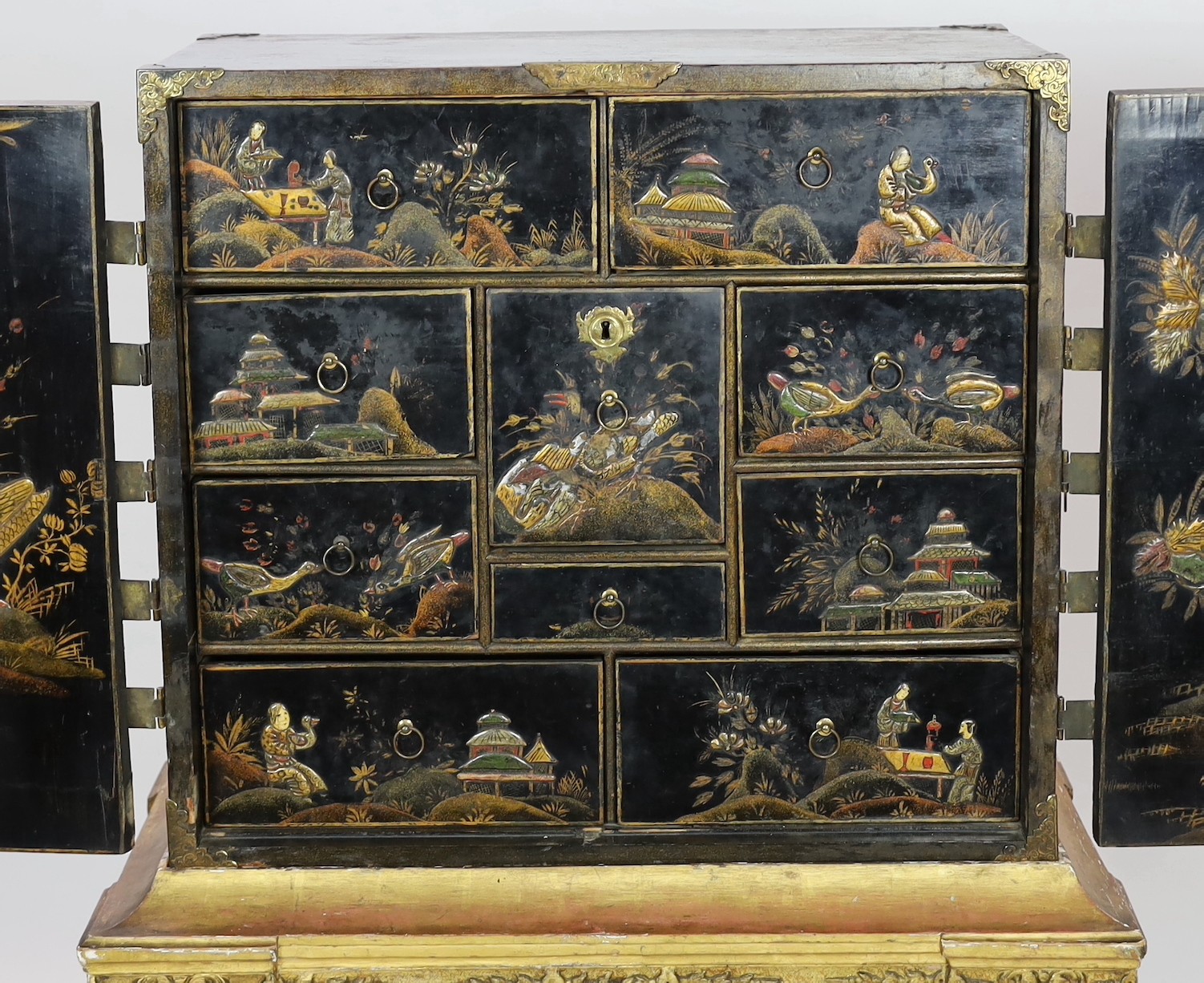 A William & Mary black japanned cabinet on stand, the two door cabinet with original gilt brass - Image 4 of 8