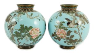A pair of Japanese silver and copper wire cloisonné enamel vases, Meiji period, each of globular