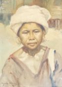 Ngwe Gaing (Burmese 1901-1967) Portrait of a woman wearing a white hatwatercolour on papersigned38 x