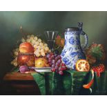 § § Raymond Campbell (b.1956) Still life of a delft flagon and fruit on a table topoil on