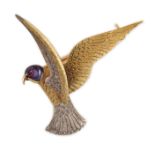 An early 20th century two colour 18ct gold, 15ct gold and enamel set brooch, modelled as a bird of