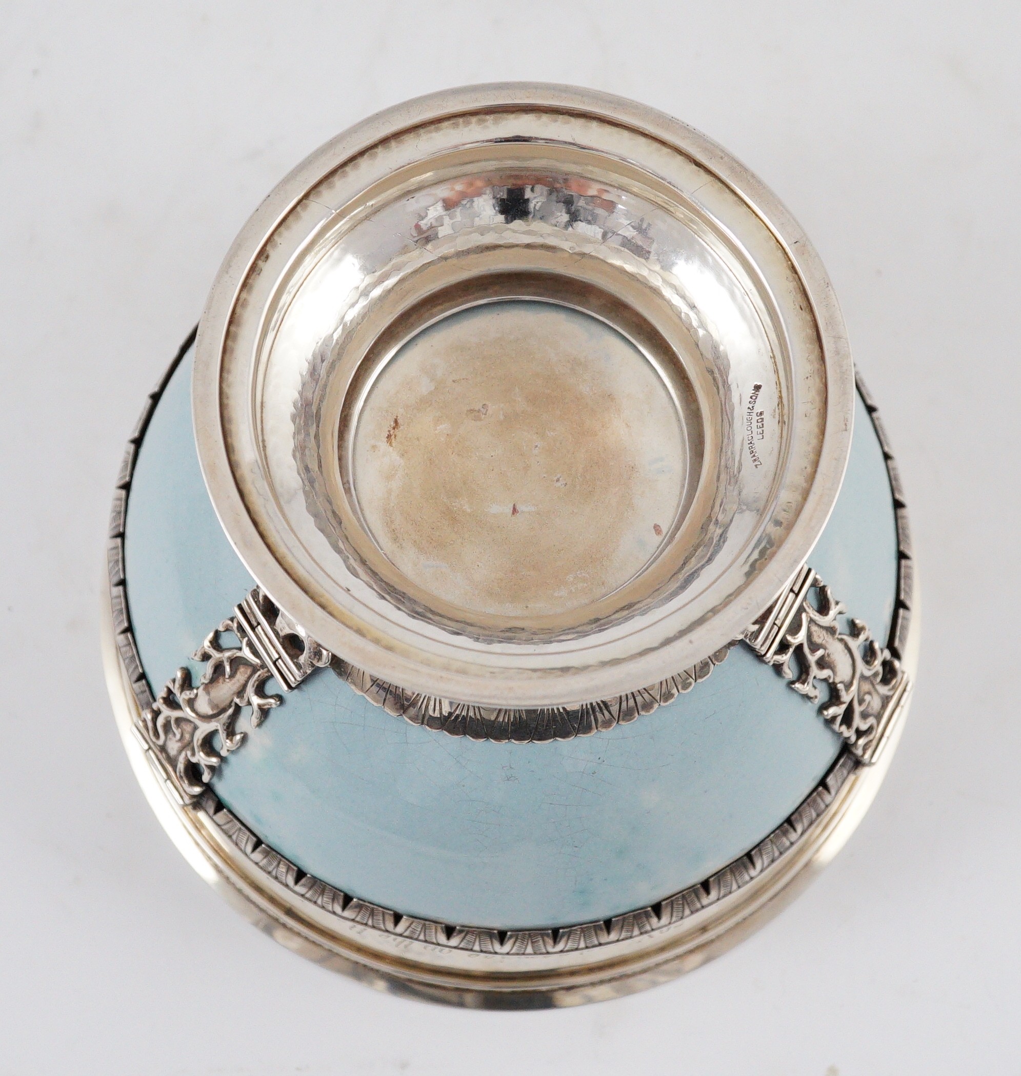 An Arts and Crafts silver mounted Ruskin pottery pedestal bowl, the silver mounts by A.E. Jones, - Image 9 of 10