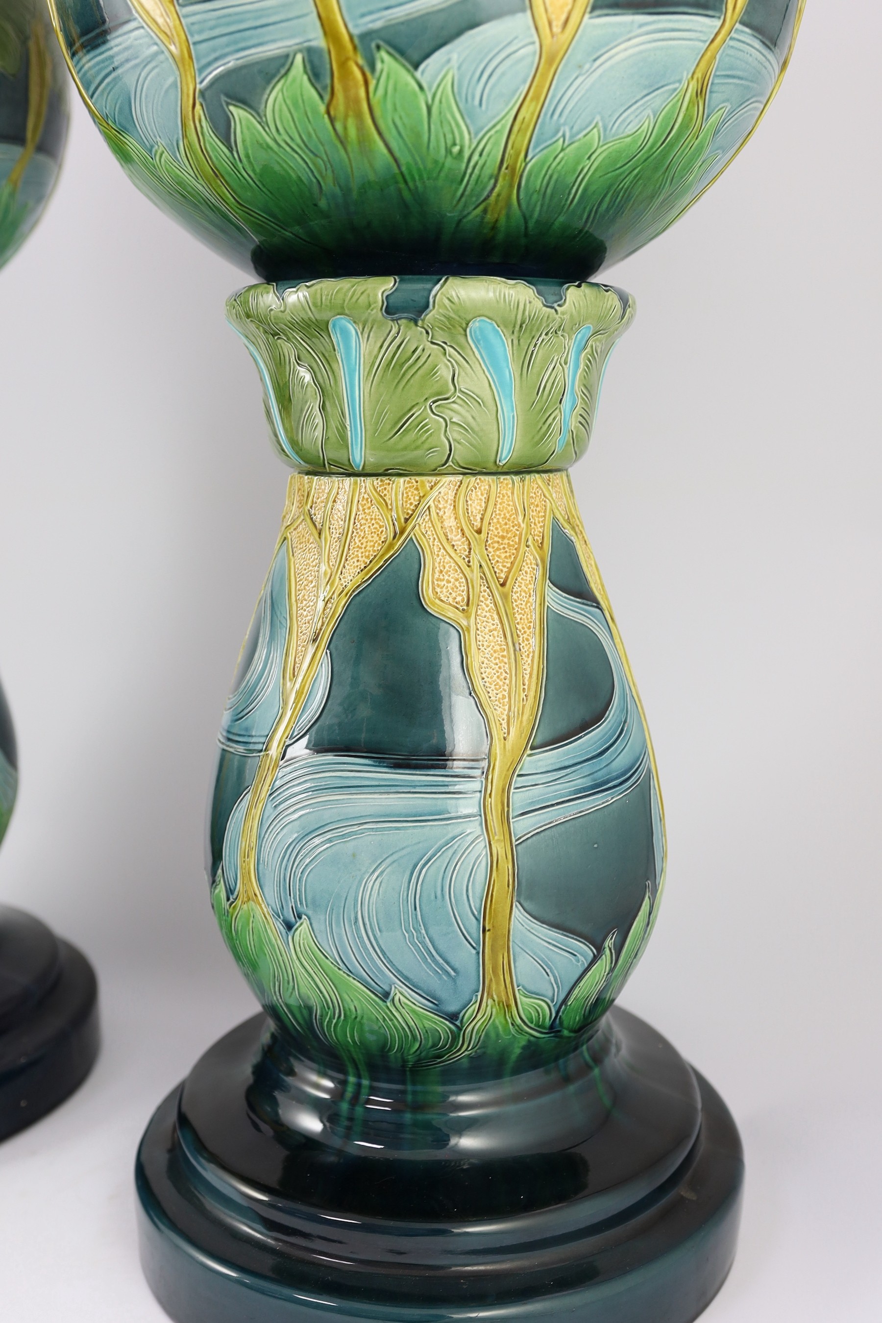 A pair of Burmantofts Art Nouveau faience jardinieres on matching pedestals, c.1900, impressed marks - Image 5 of 14