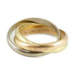 A Cartier triple band three colour 750 yellow metal Trinity Classique ‘’Russian’’ wedding ring,